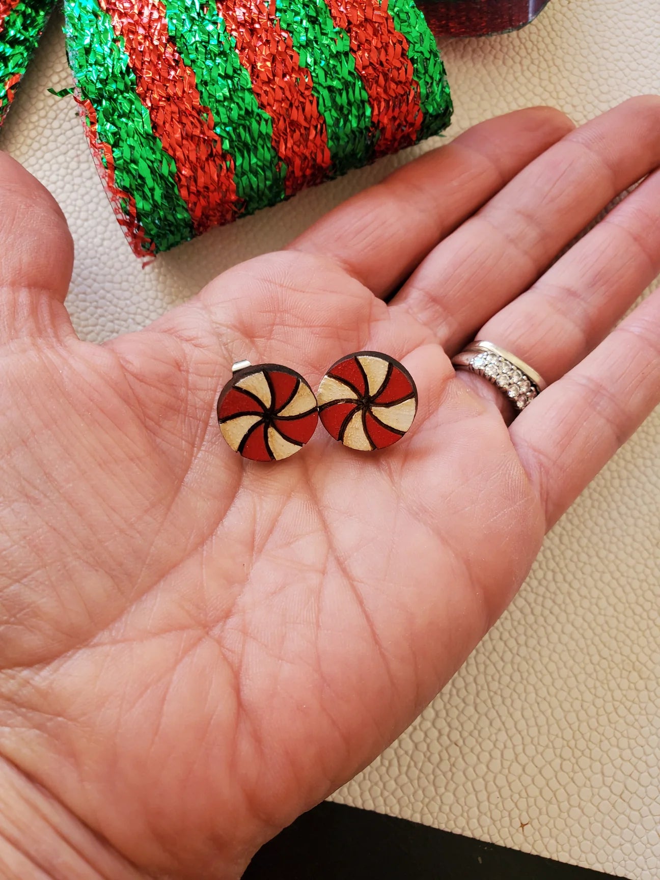 Festive Peppermint Wood Studs and Dangles Christmas Earrings