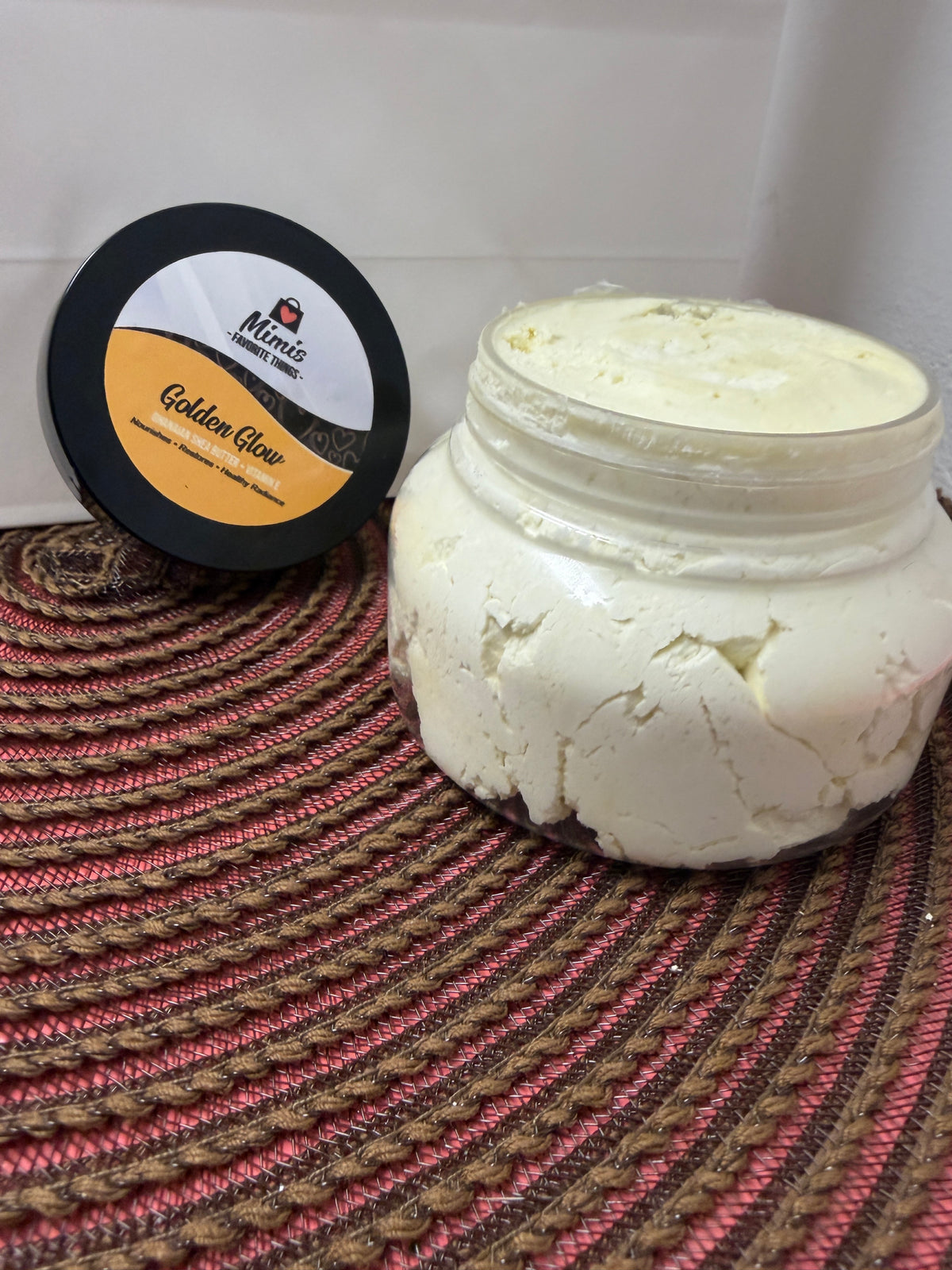 Mimi's Favorite Things Golden Glow shea butter in multiple sizes with open jar texture