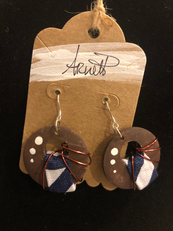 Brown Circle Earrings with Blue Print