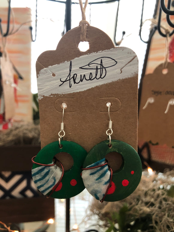Green and White Print Earrings - Circles